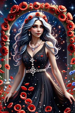 A beautiful fairy woman, a tiara of diamonds, pearls and flowers, long wavy blue hair, in a thin, black, airy dress with a scattering of pearls and red poppies, a whirlwind of flowers, a necklace of diamonds around her neck, beautiful, shiny, aesthetic. High resolution, high detail. In the background there is a floral arch against the background of the starry sky.