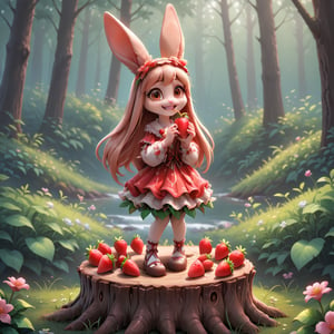 a beautiful animal, long ears, red in color, with flowers on its head, holding strawberries in its teeth.It stands on a stump near the forest 