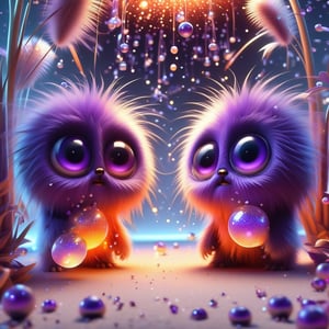 surreal, two absolutely cute fluffy (purple.orange.cinnabar pastel) furry creatures playing (with little magical pearls), white sand, sea, garland of lanterns, water, big eyes, glitter, gentle evening in the tropics, shells with pearls, transparency, fractals of light, sumi-e Midjourney, palm trees, flowers, octane render, fairy tale, bokeh, neon lines + lumens, fireflies, mother-of-pearl highlights, realism, hyperization, hdr