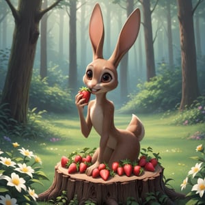 a beautiful animal, long ears, red in color, with flowers on its head, holding strawberries in its teeth.It stands on a stump near the forest 