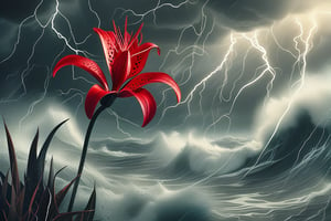 Create an image of a massive, towering red lily growing amidst the turbulent waves of the ocean during a violent storm. The sky should be dark and stormy with heavy clouds and lightning, and the waves should be crashing against the lily, highlighting the dramatic and intense atmosphere.
In the sci-fi style reminiscent of the renowned sci-fi artists. The image's composition and lighting are inspired by the style of most renowned photographers.