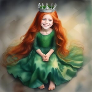  girl with long red hair in a green dress, crown on her head stands on the floor. mysterious smile Watercolor, decoupage style. Hyperrealism caricature