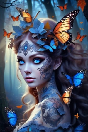 A beautiful ethereal woman with large, delicate butterfly wings attached to her head, surrounded by swirling autumn leaves and other small butterflies. Her striking blue eyes contrast with her porcelain skin, and she wears intricate lace-like tattoos that flow gracefully along her neck and shoulders. The background features an enchanted, misty forest with twisted, ancient trees and a soft glow that adds a dreamlike atmosphere. The colors are warm and vibrant, emphasizing the magical and surreal nature of the scene. Digital painting, ultra-realistic details, soft focus, high contrast lighting, (masterpiece: 1.2), (best quality:1.3), ultra highres, original, (extremely detailed:1.1), perfect lighting