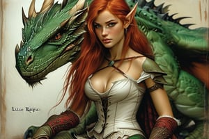 Luis Royo Fantasy-style digital artwork featuring a red-haired elf warrior woman and a green dragon. The elf has long, wavy red hair, pointed ears, and fair skin with freckles. She is dressed in a white blouse tied at the waist, a green and red plaid skirt, and knee-high socks with brown sandals. She has a confident and fierce expression, with one leg bent and the other extended. The green dragon beside her has detailed scales, sharp features, and a majestic presence. The background is a simple gradient, keeping the focus on the characters. In the bottom right corner, there is text in a white, bold font that reads 'carpe draco'.