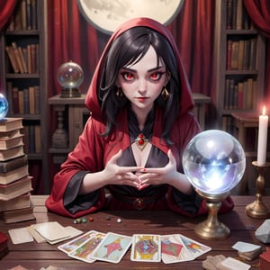 Create an image of a female fortune teller looking forward and at the viewer. She is dressed in a black and red robe. In front of her is a wooden table with a crystal ball and scattered tarot cards. The background is filled with books, which creates a mystical atmosphere. hyperdetail