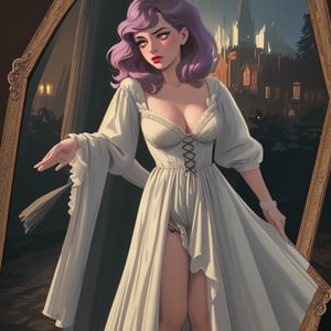 Gloaming silhouettes, (masterpiece:1.3), (perfect art:1.3), by Igor Kieryluk, portrait of a pulchritudinous woman, detective charming frame, dynamic pose, agile movements, delightful sublime grace, pliable breasts, wholesome lips, glamorous makeup, galactic stars with violet eyes, with ribbon hair, evening dress, her dressed in the sheer garter belt, pan angle picture taken in the background a tower of sorcery rising from the heart of a darkened forest spotlight focused and concentrated light that highlights specific elements or characters, delicate fragrances of magical flowers filling the air style, (yesteryear nostalgia:1.3), by Jan Brett, image should be grandiose details, High definition, intricate craftsmanship, vector art render, top rated on Zatista . emotional, harmonious, vignette, 4k epic detailed, shot on kodak, 35mm photo, sharp focus, high budget, cinemascope, moody, epic, gorgeous, film grain, grainy