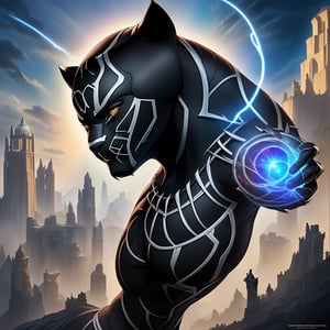 (Fantasy) World, Grand (Beautiful Magical Black Panther), High Quality Face, High Detail, Epic Art, [Magic Sky], Todd Lockwood