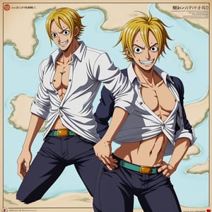 High quality anime digital image of MAN Nami in One Piece anime style, with a charming and mischievous expression, wearing an open shirt, tight pants and Clima-Tact, showing off a toned and slender physique, bright and dynamic colors. , detailed treasure map or tropical island background