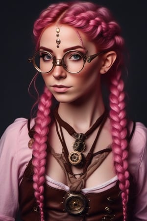 Beautiful Elf posing. with freckles and glasses and long pink hair braided, warrior. steampunk.