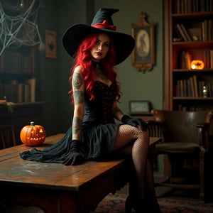  cinematic still, woman with red hair, sitting on an antique wooden table, witch-inspired costume, black dress with red accents, black lace gloves, high-heeled shoes, large black hat with red ribbon, multiple tattoos on arms and legs, fishnet stockings, Halloween decor, spider webs, jack-o'-lantern, ancient books, mysterious vintage room, dim lighting with a spooky ambiance