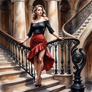 watercolor acrylic random pose white woman in a black top and red skirt, standing on a staircase with a beautiful twisted metal railing, the woman holds onto the pillar with one hand, inspired by Olivia de Berardinis, elegant pose, style by Nadya Rusheva