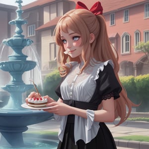 a girl with long hair gathered in two tails, wide red ribbons in her hair, a short fluffy black skirt with a lace petticoat, a white chiffon blouse, a girl stands by a fountain and eats a small cake, a slight smile, a look at the cake, a blurred summer street in the background, close-up plan, detailed face, romantic atmosphere, very inspiring, incredible atmosphere, bright colors, glowing highlights, masterpiece, best quality, oil watercolor