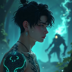   donghua, handsome guy, dark hair, earrings, close-up, half-turned, glowing neon tattoo, smoke, wind, radiance, high resolution, hyperdetalization
There is a monster in the background, a forest spirit