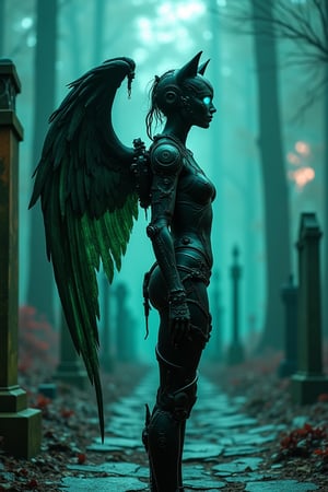 woman A dark angel in profile, with cat ears and mechanical wings made of twisted metal and gears, stands in the center of an abandoned futuristic cemetery. The angel's body is a fusion of organic and mechanical, with glowing neon cybernetic eyes and veins of blue light running across her green armored skin. The cemetery is filled with holographic tombstones flickering into existence and out of existence, and the ground is cracked, glowing neon glass.