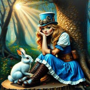 oil painting, airbrushing, close up random pose, Alice in Wonderland in steampunk style sits on a tree stump, resting her head on her hand. next to her is a white rabbit Against the backdrop of a fairy-tale forest with sun glare and high contrast. The painting features bold, expressive brush strokes and is a masterful work of art.