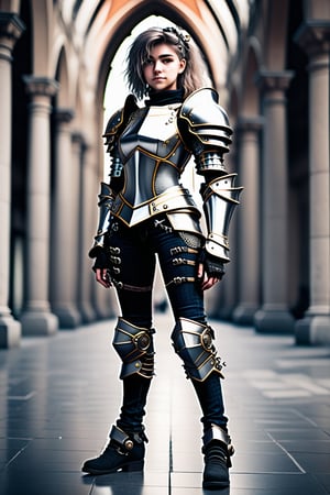 A knight queen 16 yo in (cute Milanese armor), epic, [black jeans], Mega Realistic, cyber punk