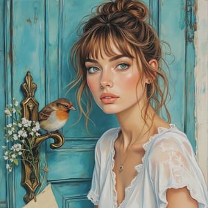  Watercolor, acrylic random pose, , beautiful Russian woman, hairstyle brown hair bun, bangs, emotions and artistry, , wind, turquoise wooden background, shabby door, bronze vintage door handle, behind the handle there is a small bunch of forget-me-nots, a sparrow is sitting on the handle, a small note is pinned, big strokes, in the style of Mikhail Garmash.