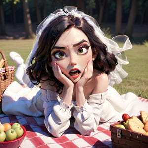 playful bride on a picnic, featuring a cinematic stop-motion shot, amusing expression, exaggerated features, detailed clothing, textured shading, bold outlines, soft lighting, playful atmosphere, dynamic pose, expressive eyes, vibrant color palette