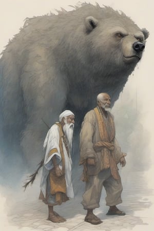 "A brutal old man shaman and a ghostly ghost bear\nhip hop crazy look wet,side view from below\nhyperprecision hyperrealistic virtuoso masterly drawing in style of by: Akiya Kageichi, Zayasaikhan Sambuu, Keiji Inafune, Katsuya Terada, Gustaf Tenggren, Georges Rochegrosse, Harry Siddons Mowbray, Jean-Pierre Gibrat,perfect rendering of many small details,high definition,in focus"