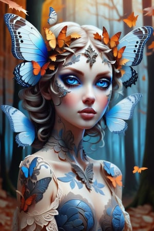 A beautiful ethereal woman with large, delicate butterfly wings attached to her head, surrounded by swirling autumn leaves and other small butterflies. Her striking blue eyes contrast with her porcelain skin, and she wears intricate lace-like tattoos that flow gracefully along her neck and shoulders. The background features an enchanted, misty forest with twisted, ancient trees and a soft glow that adds a dreamlike atmosphere. The colors are warm and vibrant, emphasizing the magical and surreal nature of the scene. Digital painting, ultra-realistic details, soft focus, high contrast lighting, (masterpiece: 1.2), (best quality:1.3), ultra highres, original, (extremely detailed:1.1), perfect lighting