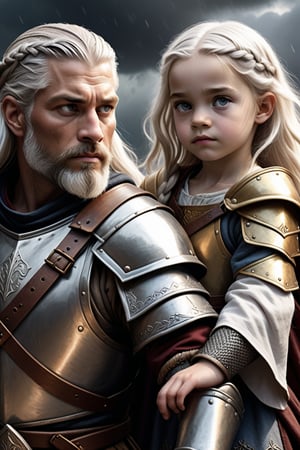 A highly detailed fantasy book cover depicting a 40-year-old medieval warrior with shoulder-length white hair and a braided beard, wearing intricate medieval armor. He stands protectively in front of a 4-year-old girl with long white hair and heterochromatic eyes-one silver, one gold. The girl is slightly behind the warrior, looking both innocent and strong. Dark, shadowy black arms reach out from the background, trying to grab her. The atmosphere is tense and mystical, with a stormy, otherworldly backdrop. The lighting is cinematic, with dramatic contrasts and high detail. —ar 9:16 —quality 2 —v 6.1