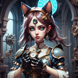 magic God of times girl, cat ears, holding a mechanical watch in her hand