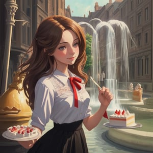 a girl with long hair gathered in two tails, wide red ribbons in her hair, a short fluffy black skirt with a lace petticoat, a white chiffon blouse, a girl stands by a fountain and eats a small cake, a slight smile, a look at the cake, a blurred summer street in the background, close-up plan, detailed face, romantic atmosphere, very inspiring, incredible atmosphere, bright colors, glowing highlights, masterpiece, best quality, oil watercolor