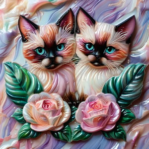 Two cute cartoon fluffy Siamese kittens are painted on the pearl mother-of-pearl. pale lilac-pink roses with dark green leaves made of mother-of-pearl. The background is pearl mother of pearl. close-up.