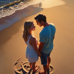 young couple in love looking down on the world, dave palumbo style, seashore, sunset, big brushstrokes, bright happy colors, high detail, sharp focus on faces, photorealistic, artistic, photorealistic, artistic cinematography, long shadows, advanced, chromatic aberration, ultrarealistic, chiaroscuro