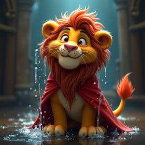 blockbuster, masterpiece, anthropomorphic lion apprentice of a magic school, soaked apprentice's cloak with water dripping off, cheerful demeanor, captivating the audience with humor, gaze directed at the viewer, vibrant colors, whimsical magical effects surrounding, playful expressions, lighthearted atmosphere