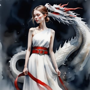  Watercolor painting a woman in a white dress with a dragon on her shoulder and a red belt around her waist, standing in front of a dark background . Vibrant, beautiful, painterly, detailed, textural, artistic