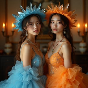  Two women in close-up, looking straight into the frame, one in a dress made of water, the other in a dress made of fire, they have beautiful hats and jewelry, dynamic graceful poses for photos, in a room decorated with candles and crystals, hyperrealism.