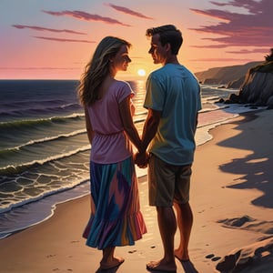 young couple in love looking down on the world, dave palumbo style, seashore, sunset, big brushstrokes, bright happy colors, high detail, sharp focus on faces, photorealistic, artistic, photorealistic, artistic cinematography, long shadows, advanced, chromatic aberration, ultrarealistic, chiaroscuro