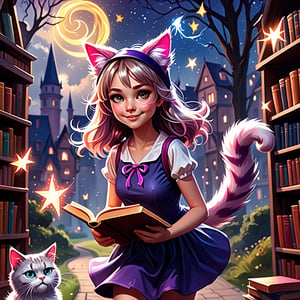 (walks, stands, runs, dreams) ;
(heroine of a book about magic) ;
(girl, fluffy cat ears on her head) ;
(in a great mood casts a spell) .