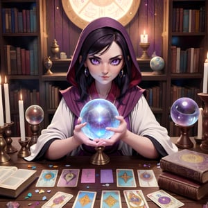  Generate an image of a female fortune teller facing forward, looking at the viewer. She is wearing a robe. In front of her is a wooden table with a crystal ball and scattered tarot cards. The background is lined with books, creating a mystical atmosphere.