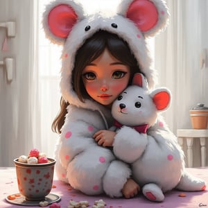  acrylic, painterly with clear elaboration of details, Gothic, a young woman in a white and black fluffy chibi mouse costume, with pink spots and a bow, a baby mouse toy sits next to her, hugging, a cup of sweets.