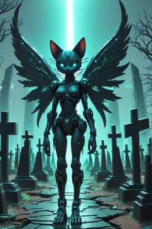 
A dark angel in profile, with cat ears and mechanical wings made of twisted metal and gears, stands in the center of an abandoned futuristic cemetery. The angel's body is a fusion of organic and mechanical, with glowing neon cybernetic eyes and veins of blue light running across her green armored skin. The cemetery is filled with holographic tombstones flickering into existence and out of existence, and the ground is cracked, glowing neon glass.