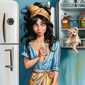 on white background watercolor acrylic casual pose woman with long dark hair standing in front of open refrigerator fantasy art towel on head realistic female face inspired by sheila mcclean she holds glass of milk disney style art in colorful pajamas inspired by sheila beckett drinking puppy jumping from floor