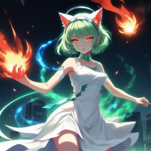 distant space, the spirit of angel,in the form of a girl, cat ears on her head, shining with green light, in a white dress, fighting with a space mutant, burning with a blue flame, emitting a bright red flame, style anime