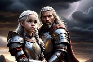 A highly detailed fantasy book cover depicting a 40-year-old medieval warrior with shoulder-length white hair and a braided beard, wearing intricate medieval armor. He stands protectively in front of a 4-year-old girl with long white hair and heterochromatic eyes-one silver, one gold. The girl is slightly behind the warrior, looking both innocent and strong. Dark, shadowy black arms reach out from the background, trying to grab her. The atmosphere is tense and mystical, with a stormy, otherworldly backdrop. The lighting is cinematic, with dramatic contrasts and high detail. —ar 9:16 —quality 2 —v 6.1