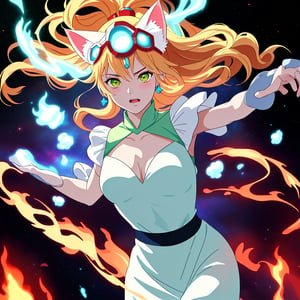 distant space, the spirit of angel,in the form of a girl, cat ears on her head, shining with green light, in a white dress, fighting with a space mutant, burning with a blue flame, emitting a bright red flame, style anime