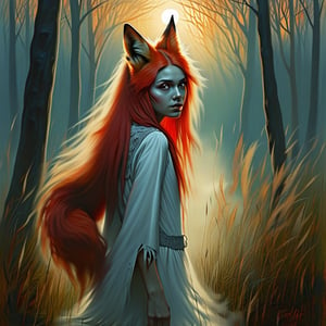  twilight, the last rays of the sun pass through the foliage of a dense forest. Fog appears above the grass. The girl, in a white torn dress, turns into Kitsune. Her body begins to be covered with red fur, her tail begins to grow slowly, she experiences pain, so her body changes. Her gaze, filled with suffering, is directed at the viewer. Looks at the camera, the viewer, . style dark fantasy