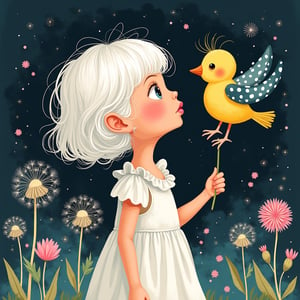 A bright whimsical illustration of a 5 year old girl with white curls, bangs, wearing a white ruffled dress and a print of a cute bird with naughty feathers and polka dot wings, holding a dandelion in the air and blowing on it. The bird is depicted as happy and stupid. The background is airbrushed and textured with pops of lavender, turquoise, black, pink and cream with some glitter thrown in. dark background