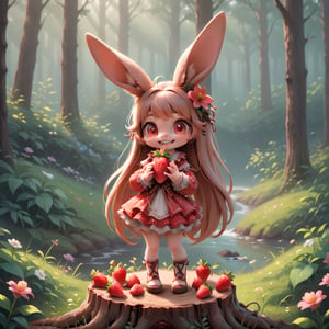 a beautiful animal, long ears, red in color, with flowers on its head, holding strawberries in its teeth.It stands on a stump near the forest 