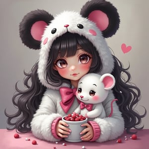  acrylic, painterly with clear elaboration of details, Gothic, a young woman in a white and black fluffy chibi mouse costume, with pink spots and a bow, a baby mouse toy sits next to her, hugging, a cup of sweets.