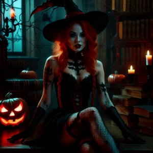  cinematic still, woman with red hair, sitting on an antique wooden table, witch-inspired costume, black dress with red accents, black lace gloves, high-heeled shoes, large black hat with red ribbon, multiple tattoos on arms and legs, fishnet stockings, Halloween decor, spider webs, jack-o'-lantern, ancient books, mysterious vintage room, dim lighting with a spooky ambiance