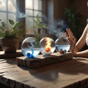 White woman sitting at a table, yareo chiffon dress, on the table are 4 marbles , each with different elements, 1 with soil and plants, 1 with sea waves, 1 with raging fire, 1 with tornado, on an old piece of wood, hyperrealistic, 4k, f1.8, boketh, depth of field, refraction, reflection on wood, photography, luminous, luminous particles coming out of marble