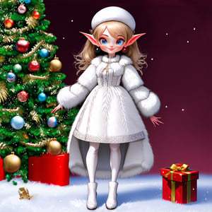  winter fairy tale, cartoon image of a girl elf with a big head, thin body, long legs in white felt boots, big otherworldly cheerful eyes, smiling, sad ears, long tousled hair, Russian kokoshnik, white fur coat and Russian traditional dress, against the background of a Christmas tree with a gift, high resolution, rich color palette, Hdr