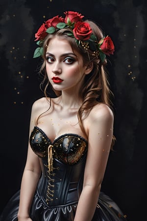 watercolor acrylic Russian woman with red roses in her hair, roses with gold sparkles, model 5 0 0 px, black silk dress with gold sparkles, corset, half-turn look, Nikon d 8 5 0 camera, black intense eyes, random pose, dark background