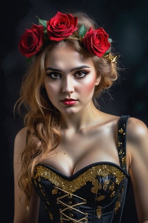 watercolor acrylic Russian woman with red roses in her hair, roses with gold sparkles, model 5 0 0 px, black silk dress with gold sparkles, corset, half-turn look, Nikon d 8 5 0 camera, black intense eyes, random pose, dark background